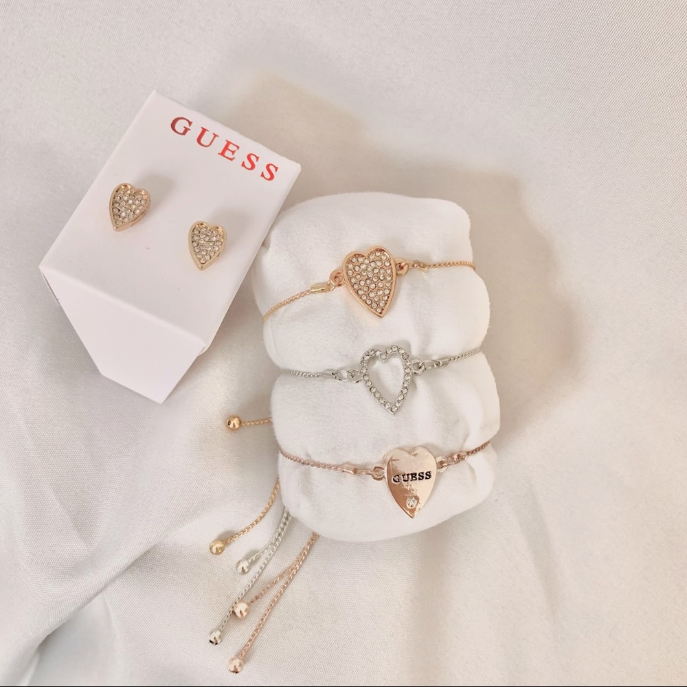 GUESS Tri-Tone Crystal Heart Trio Bracelets, Earring 4-Piece Jewelry Set (O/S)